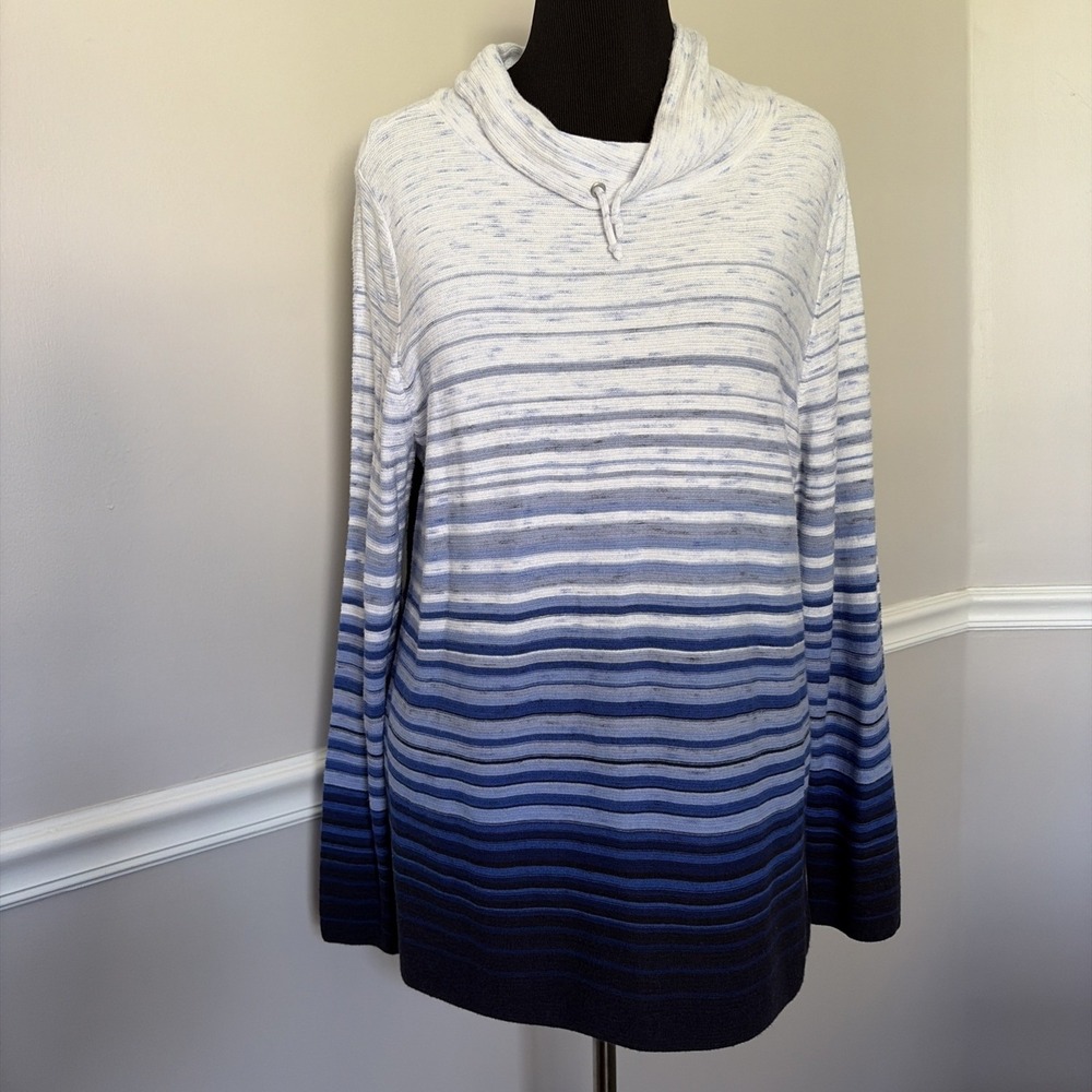 T By Talbots Top Women's‎ XL Blue Ombre Stripe Drawstring Cowlneck Minimalist